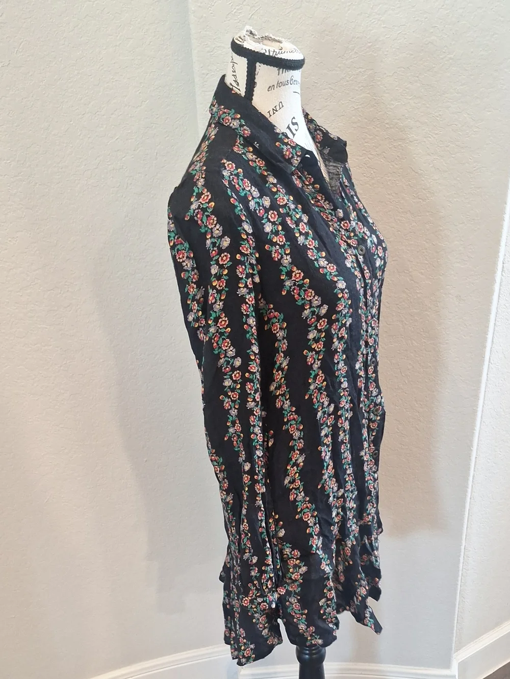 Free People Dark Romance Black Floral Long Sleeve Mini Dress Size XS